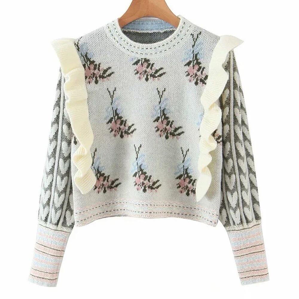Cider Sweater Womens L Ivory Floral Hearts Ruffle Balloon Sleeves Boho Romantic
